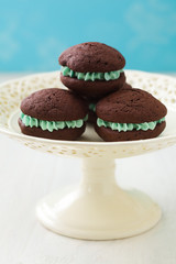 Chocolate whoopie pies with turquoise buttercream filling