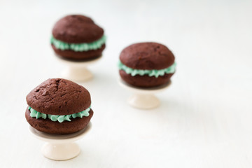 Chocolate whoopie pies with turquoise buttercream filling