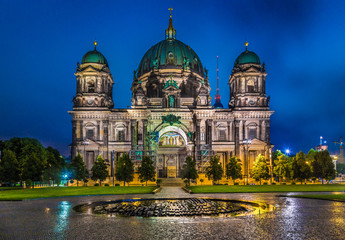 Berlin Cathedral with Lustgarten park at night, Berlin, Germany