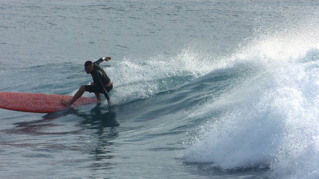 Long board surfer rides wave, slow motion