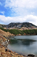 Beautiful lake with Mountain Tateyama covered by cloud in Murodo