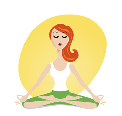 Cute meditating girl in cartoon style. 