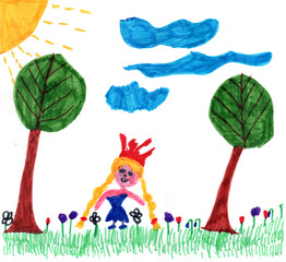 a child's drawing of a happy princess on the meadow flowers bloom in the sun shines