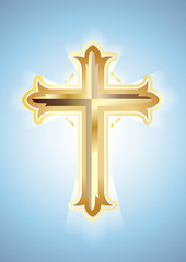 Gold Cross on blue background. Christian Symbol. Vector illustration