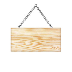 Wooden sign hanging on a chain isolated on white  background