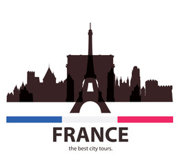Black Silhouette of old french Architecture.
France old City Tour. Tourism  Banner.