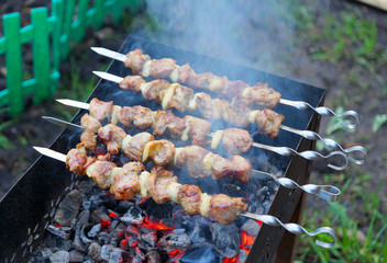 shish kebab preparation on hot coals