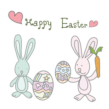 two reabbits holding easter eggs and carrot with word Happy East