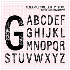 Condensed sans serif alphabet with hand drawn effect - grunge