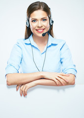 Woman operator with headset and blank sign board.