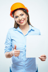 Business woman builder engineer, white blank board.