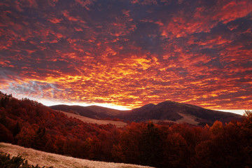 Sunrise in Carpathian Mountains in autumn
