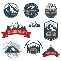 Set of adventure, expedition, mountain labels and emblems.