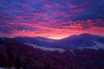 Sunrise in Carpathian Mountains in autumn