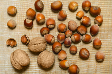 Nuts scattered on the old boards