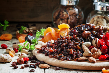 Raisins, dried grapes, dried fruit and nut mix, selective focus