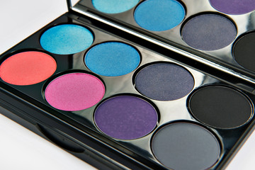 Eye shadows set. Isolated on white background. Blue, pink, gray, eyeshadow