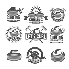 Curling sport badges set