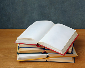Open book with blank pages on the table.