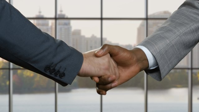 Handshake on the background of the city.