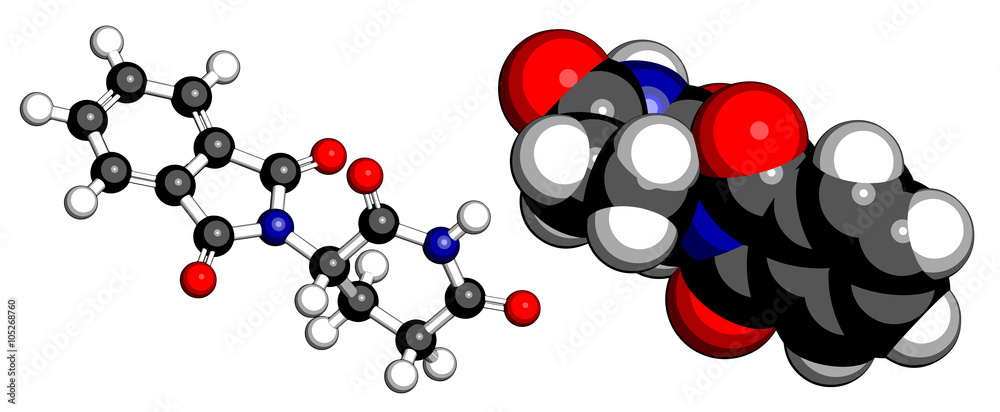 Poster Thalidomide teratogenic drug molecule. Cartoon representations.