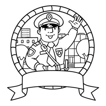 Funny policeman. Coloring book or emblem