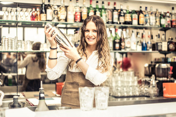 Fototapeta na wymiar Female bartender shaking