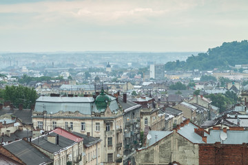 View from the tower of the Church of St. Elizabeth. Lviv, Ukraine. European travel photo.