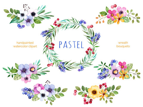 Fototapeta Colorful floral collection with multicolored flowers,leaves,branches,berries and more.6 beautiful bouquets and 1 wreath for your own design.Pastel collection.Perfect for wedding,invitation,patterns