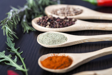 Spices on wooden spoons
