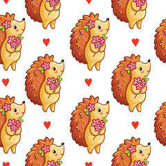 Greeting cards for Valentine's Day. Vector seamless pattern with cute hedgehog on a white background. Perfect for greeting cards for Valentine's Day.