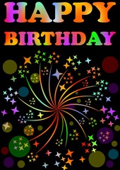 Happy birthday billboard with expressive rainbow inscription and firework motif on black background, decoration for the celebration of the jubilee, birthday party