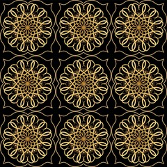 Luxury elegant background with golden filigree circular lace patterns on black background, embossed ornament in antiquarian style