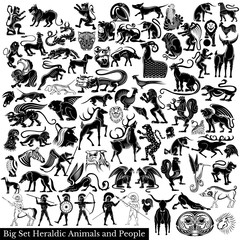 Big set of silhouettes of animals birds and wariors. Heraldic element - obrazy, fototapety, plakaty