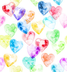 Watercolor hearts of rainbow colors on a white background in random order. Seamless pattern - 105274101
