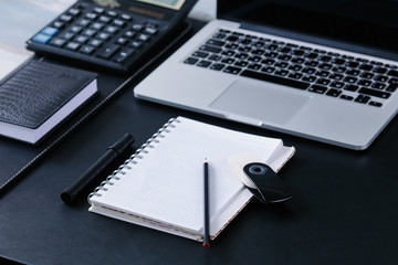 Workspace work desktop black and white business stylish modern space wood background 