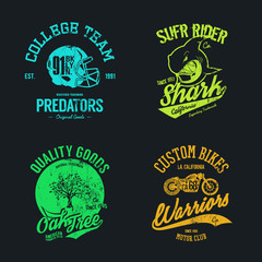 Vintage American old grunge effect tee print vector design illustration set. Premium quality superior helmet, shark, oak, bike retro logo concept. Motor club, sport team, trademark shabby t-shirt