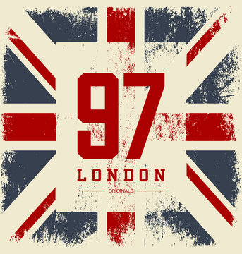 Vintage United Kingdom flag tee print vector design. Premium quality superior number logo concept. London t-shirt and hoodie wear emblem.