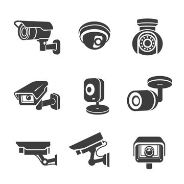 Video surveillance security cameras graphic icon pictograms set