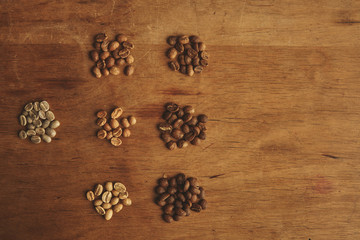fresh roast coffee beans different grades roasting top view