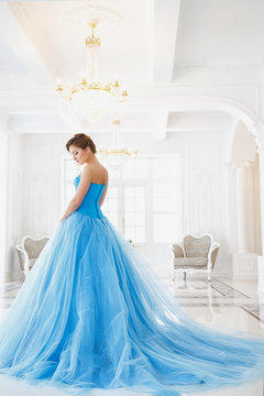 Beautiful Bride In Gorgeous Blue Dress Cinderella Style In A Morning In Luxury Interior