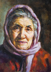 Fototapeta na wymiar oil portrait of a grandmother with her scarf