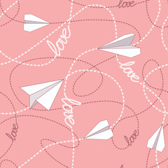Paper Planes with Tangled Lines Seamless Pattern. Repeating abstract background with paper planes and dashed tangled lines.