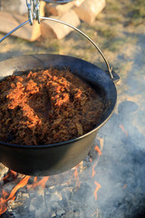 bigos gotowany w kociołku nad ogniskiem