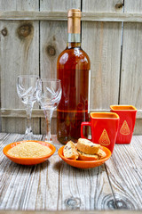 Dessert sweet liqueur wine, two cups with espresso coffee and am