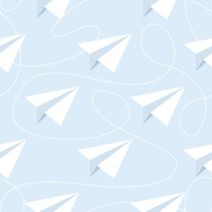 Paper Planes with Tangled Lines Seamless Pattern. Repeating abstract background with paper planes and dashed tangled lines.