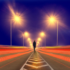 Sad lonely woman walking empty freeway at night