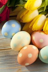 Colorful flowers and Easter eggs