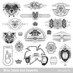 set of wine labels and elements. Isolated black on white