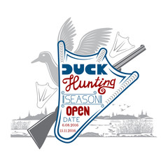 Duck silhouette on the river landscape background. duck hunting season open lettering on duck footprint